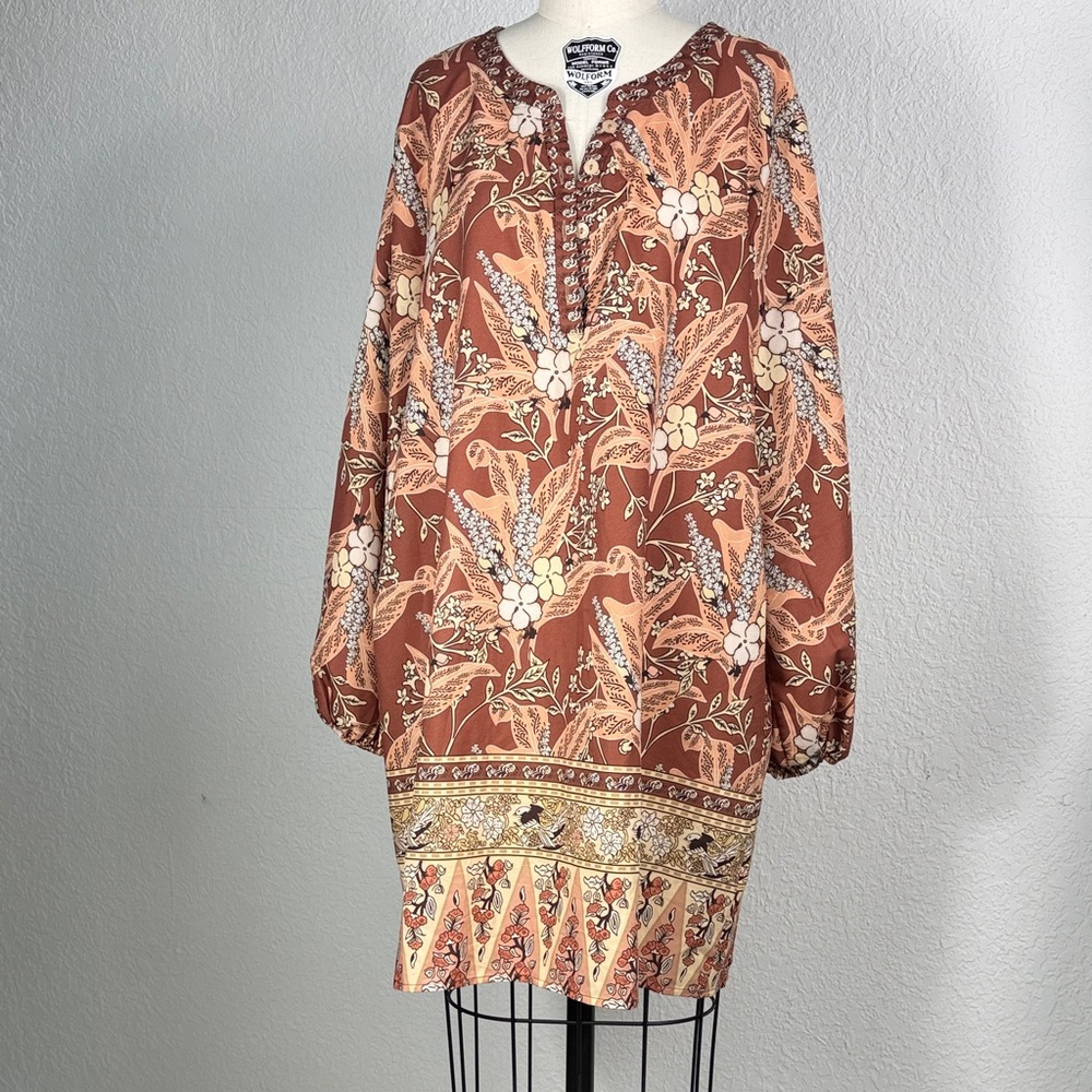 Vintage America Brown Floral Midi Dress polyester 70’s perfect cond XL